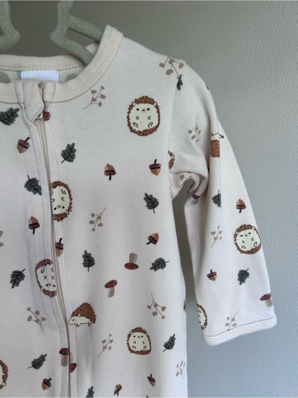3/$15 Neutral Hedgehog Print Baby Zipper Pajamas - Cream & Brown